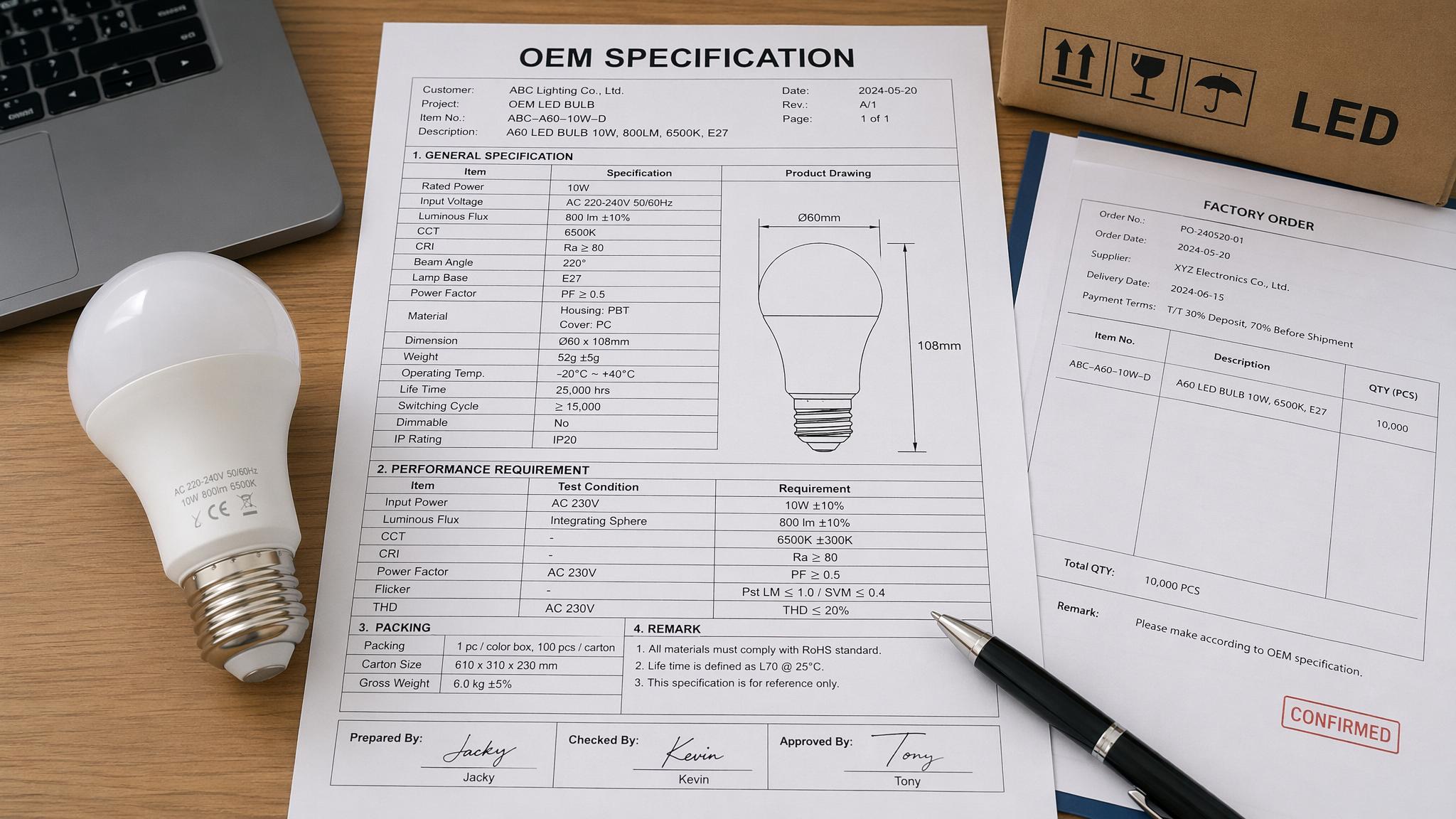 OEM specification document for A60 LED filament bulb production