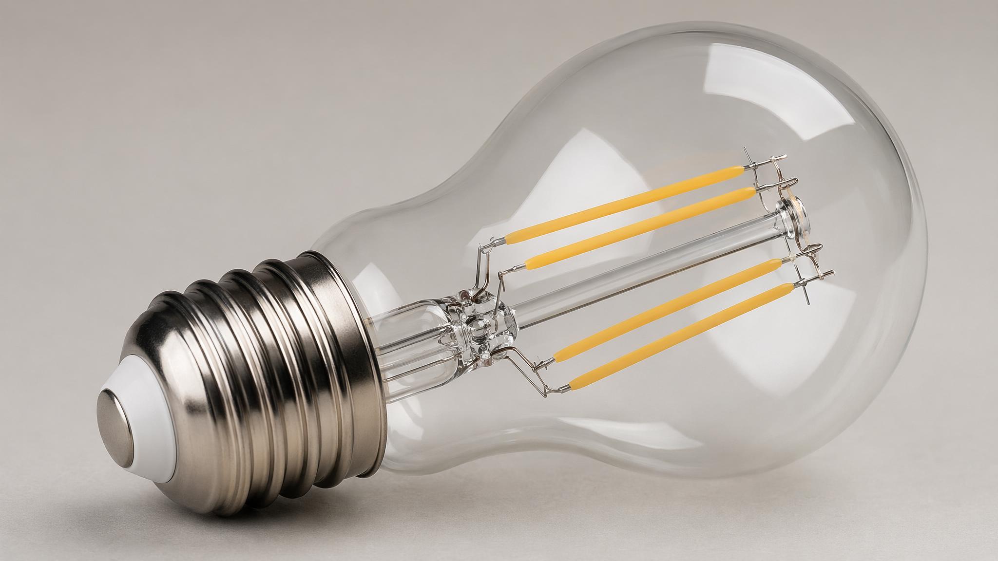 A60 LED filament bulb E27 base and glass shape detail