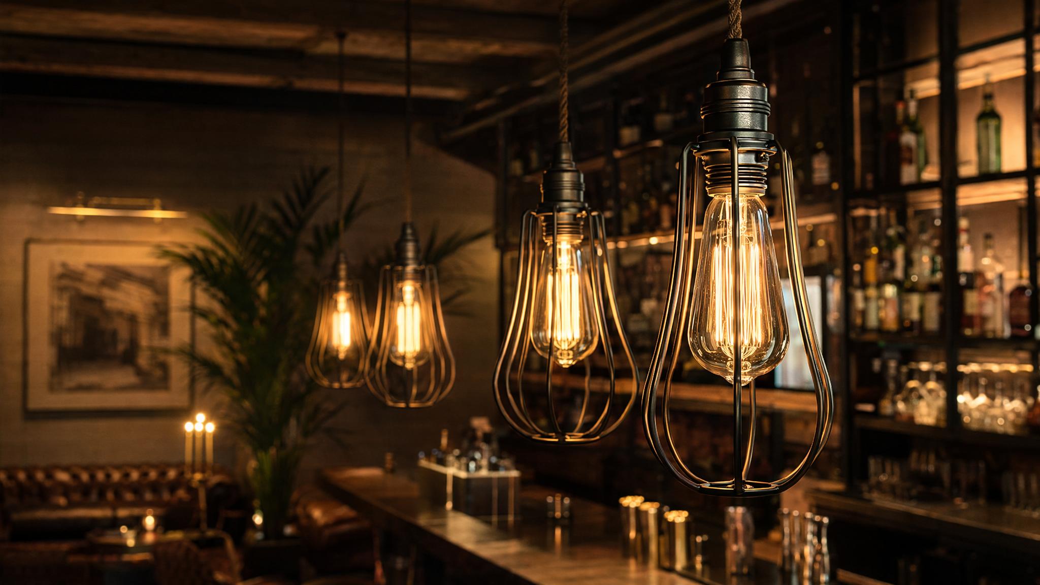 Squirrel cage LED bulbs installed in boutique hotel and vintage bar lighting applications