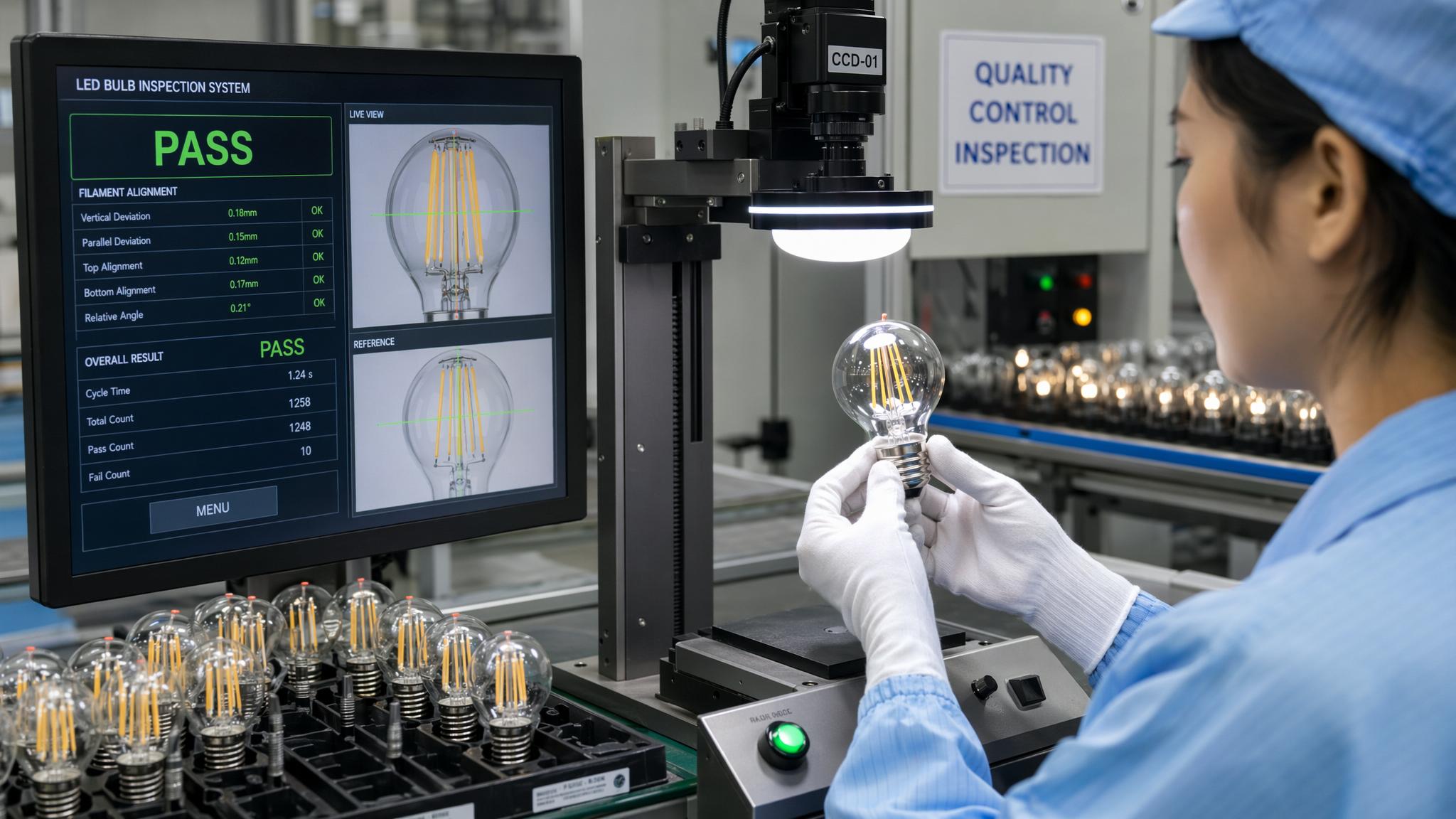 Quality variance inspection for decorative multi-loop LED filament bulbs