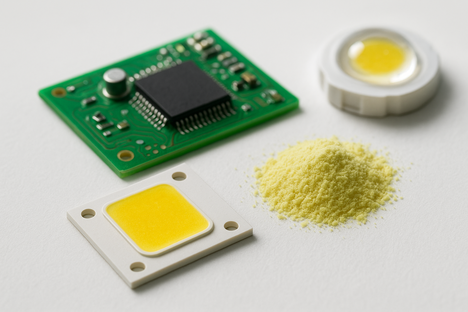LED chip driver IC and phosphor components on lab surface