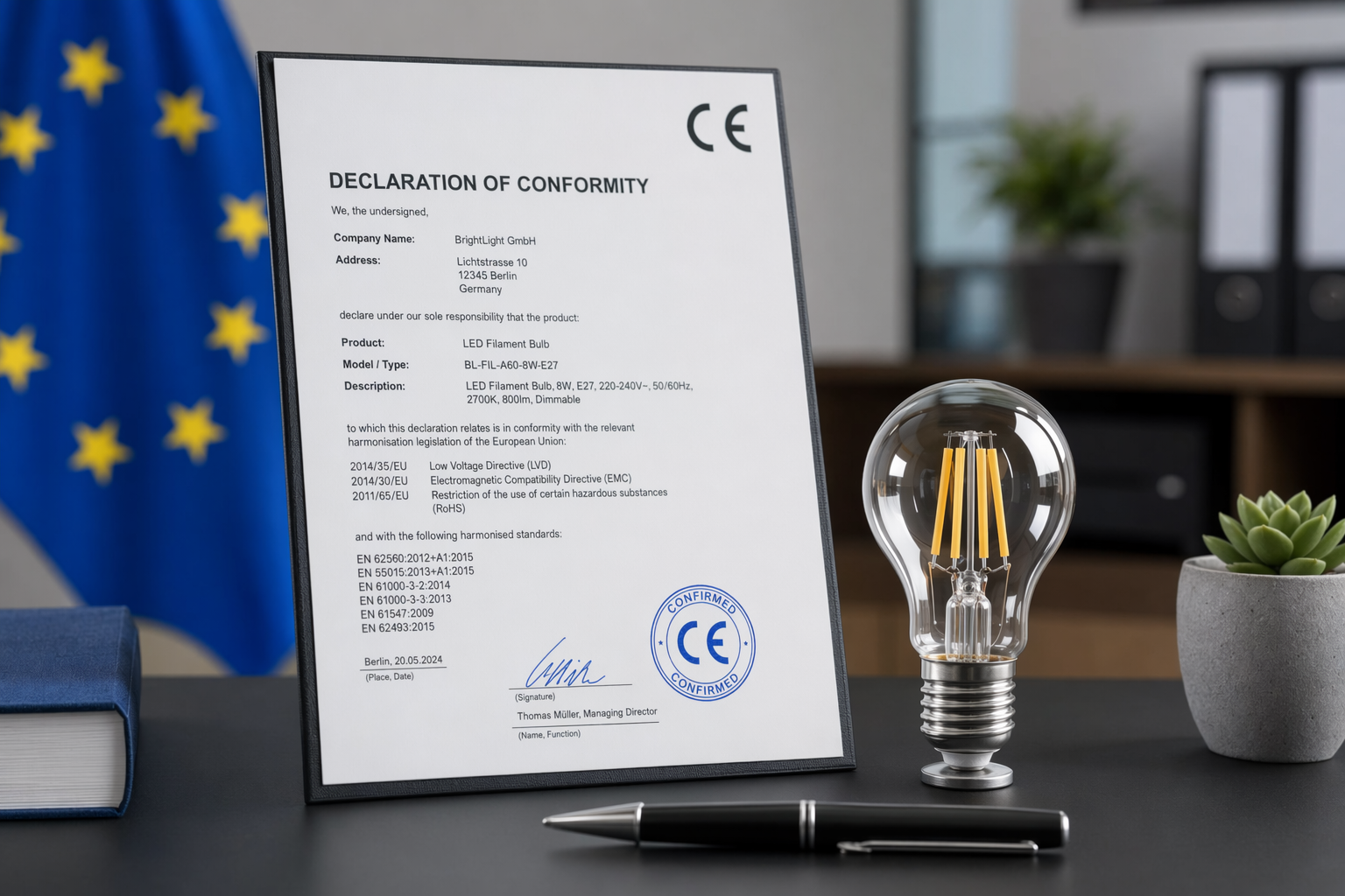 EU product safety compliance documents with CE marking and LED filament bulb