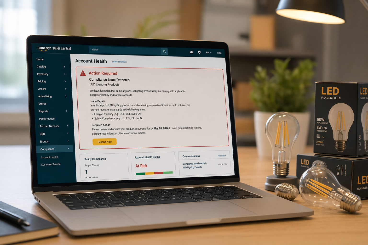 Amazon Seller Central compliance warning notice for LED lighting products
