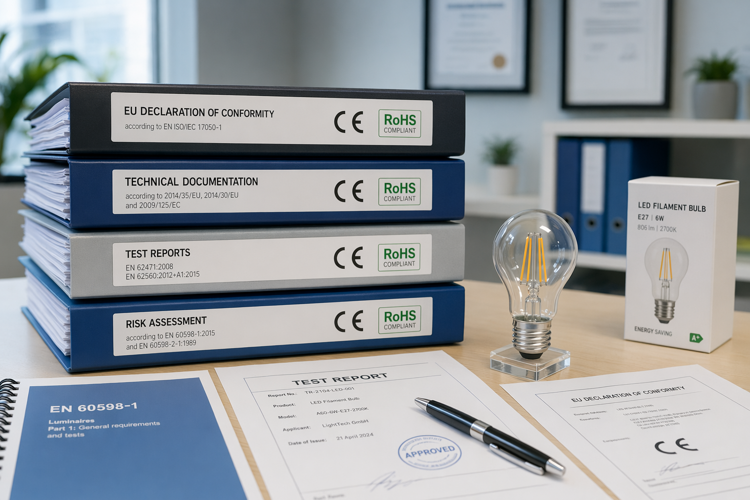 EU compliance documentation binders with CE certification for LED bulbs