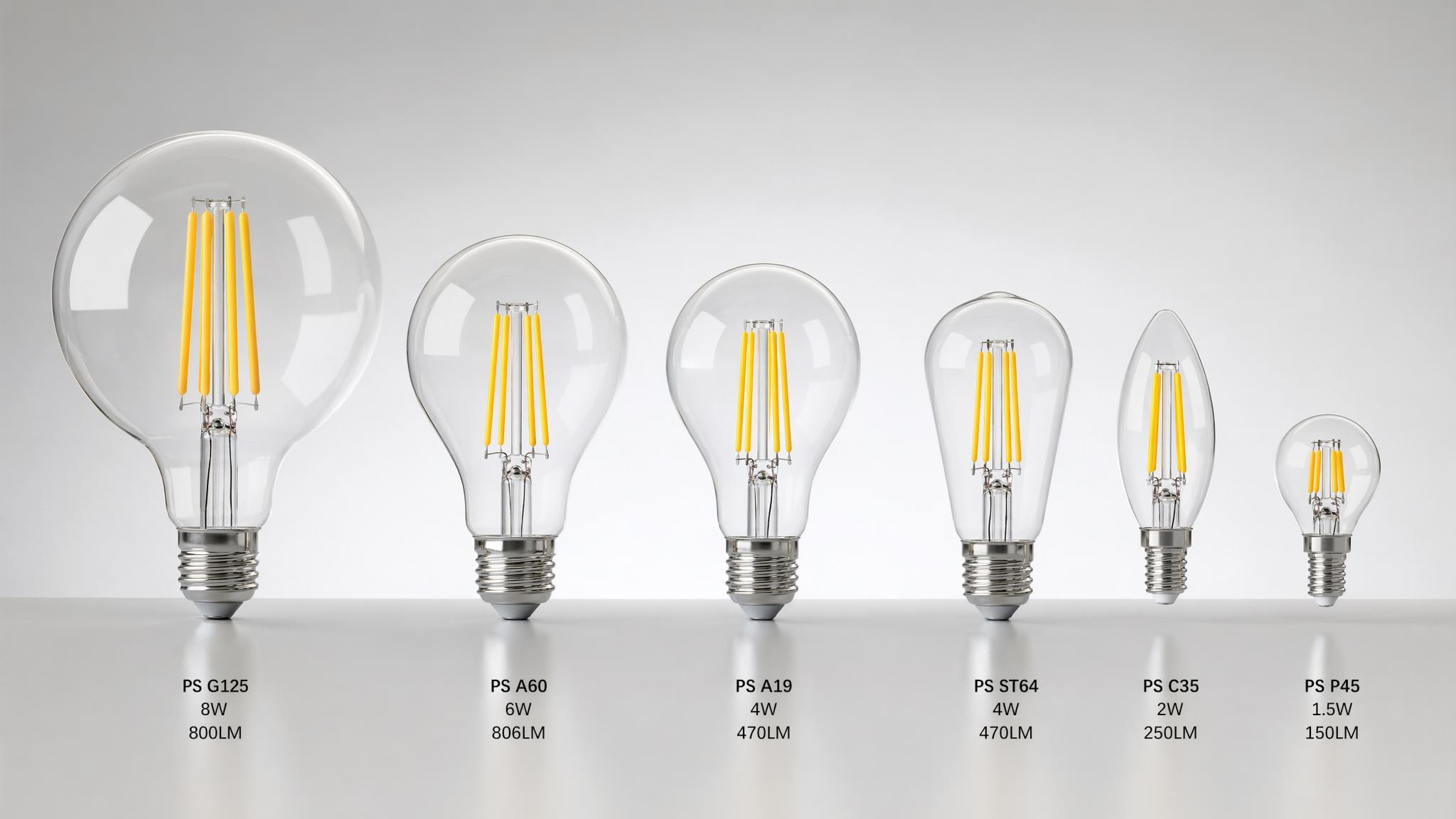 Oversized PS LED filament bulbs in multiple sizes for comparison