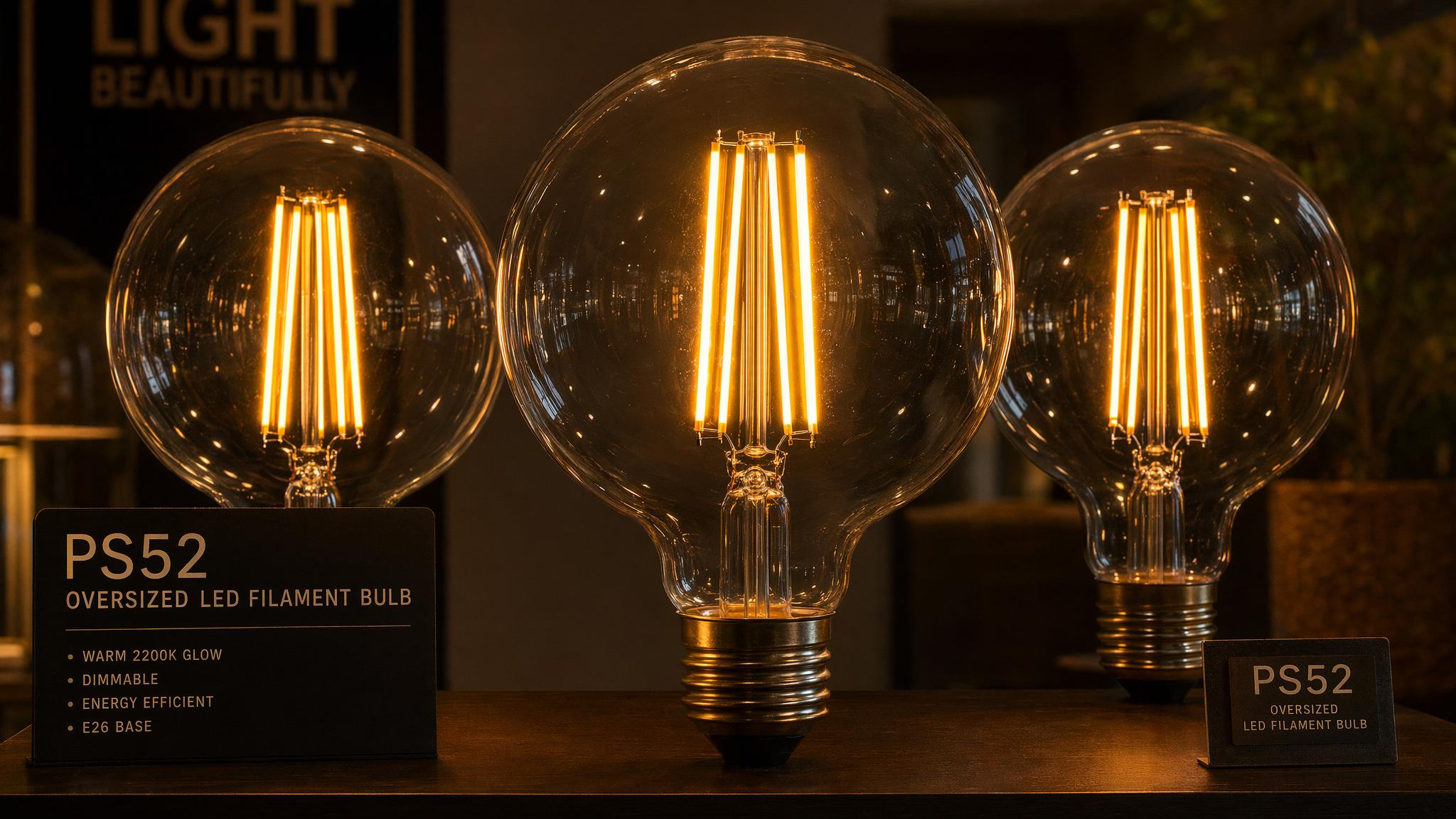 Oversized PS LED filament bulbs for hospitality and large pendant fixtures