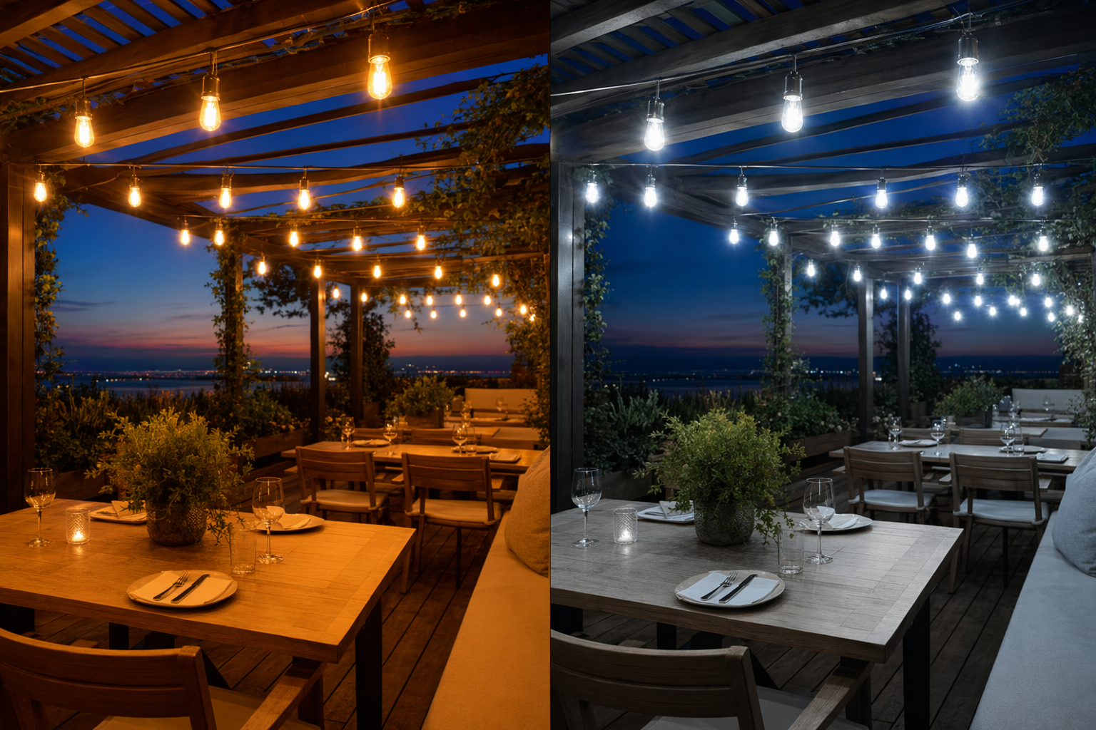 Side-by-side comparison of warm 2700K LED filament bulbs versus cool white 5000K bulbs in an outdoor hospitality setting
