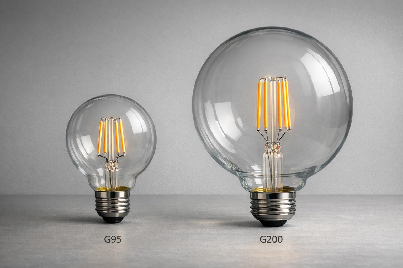 Standard G95 and oversized G200 LED filament globe bulbs side by side showing glass size difference