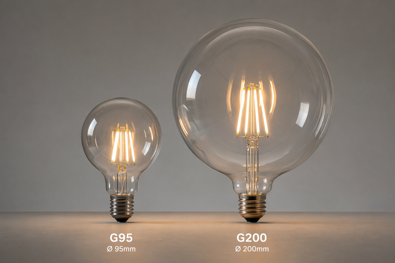 Side-by-side size comparison of G95 and G200 LED filament globe bulbs illustrating glass type differences in sourcing