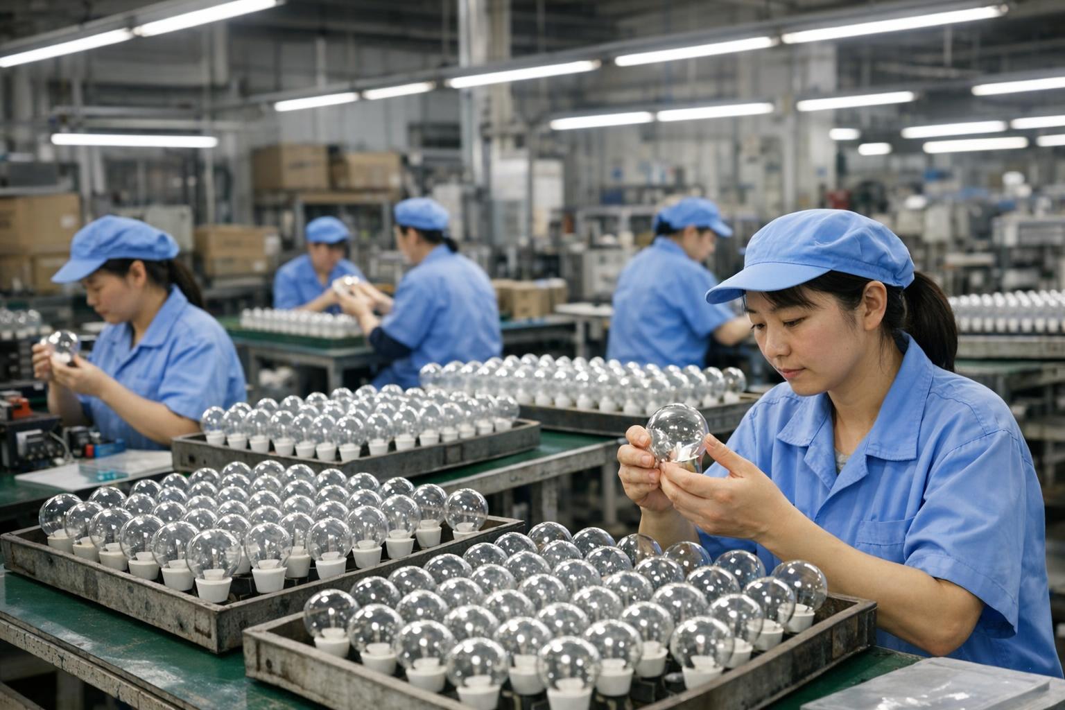 Workers in a Chinese LED bulb factory inspecting glass bulbs at production stations