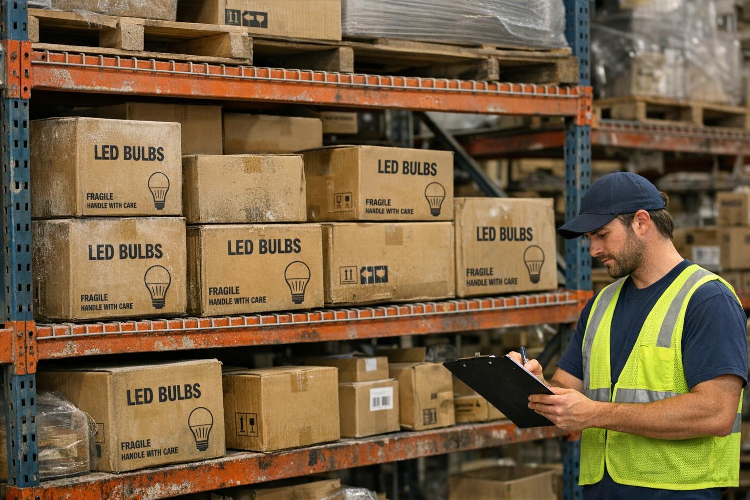 Warehouse shelf with boxed LED bulbs and a worker reviewing inventory on a clipboard