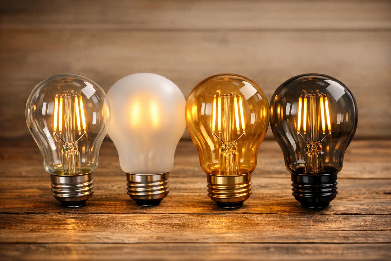 LED filament bulbs in clear, frosted, amber, and smoke gray glass finishes on a wooden surface