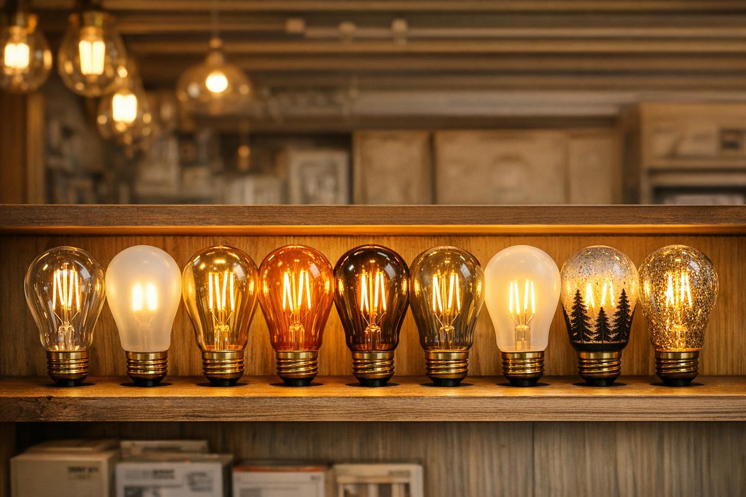 LED filament bulbs in multiple glass finishes displayed on a retail shelf with backlighting