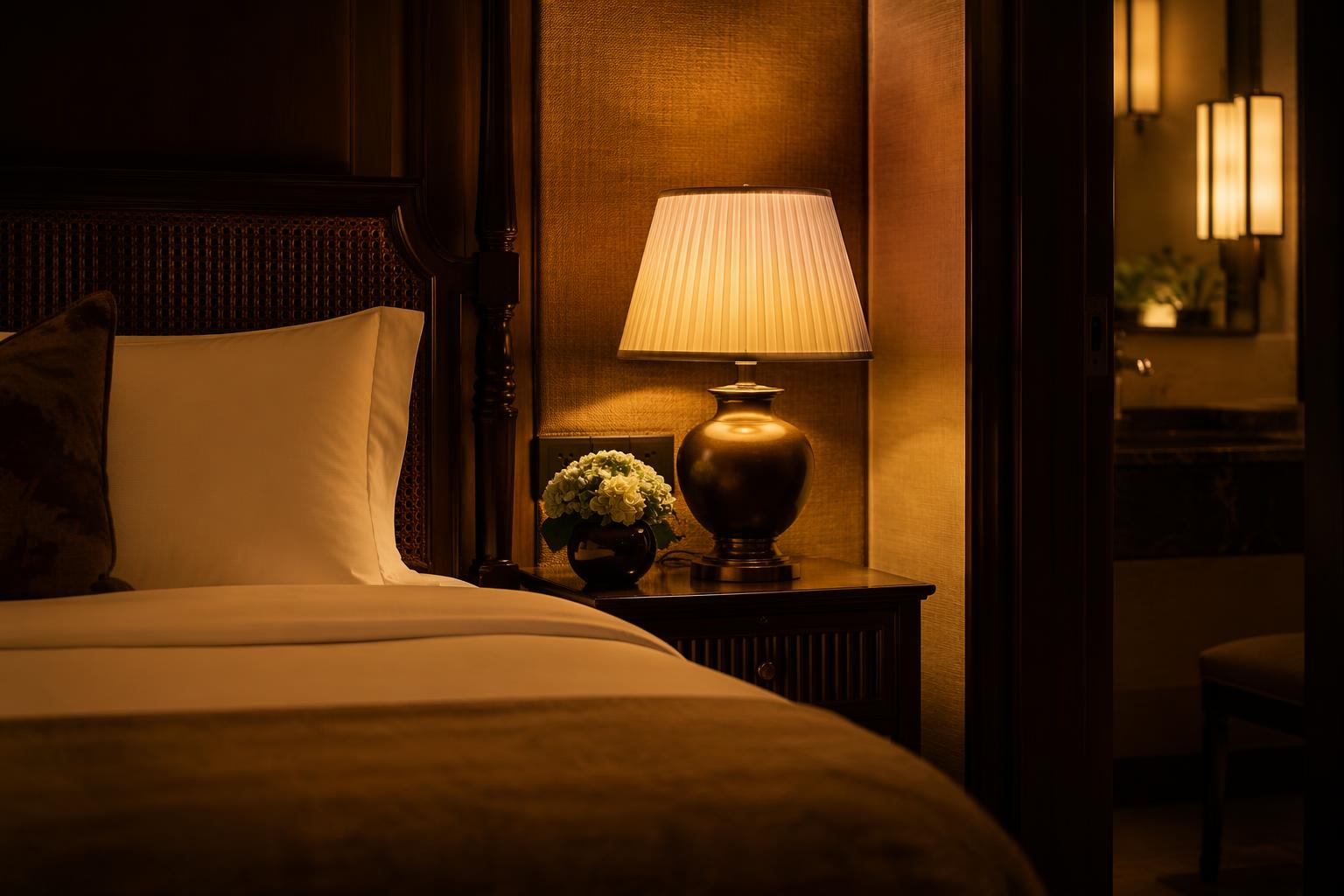 Luxury boutique hotel guest room with warm amber dim-to-warm LED bedside lighting