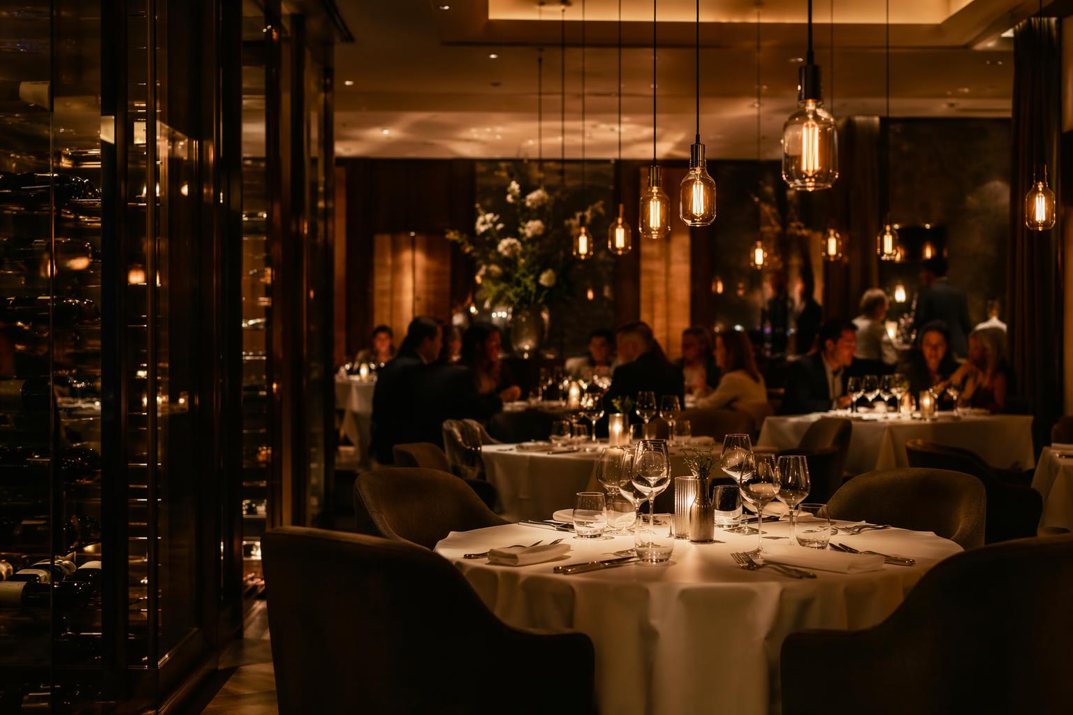 Elegant hotel restaurant interior with warm amber dim-to-warm LED pendant lighting creating intimate dining atmosphere