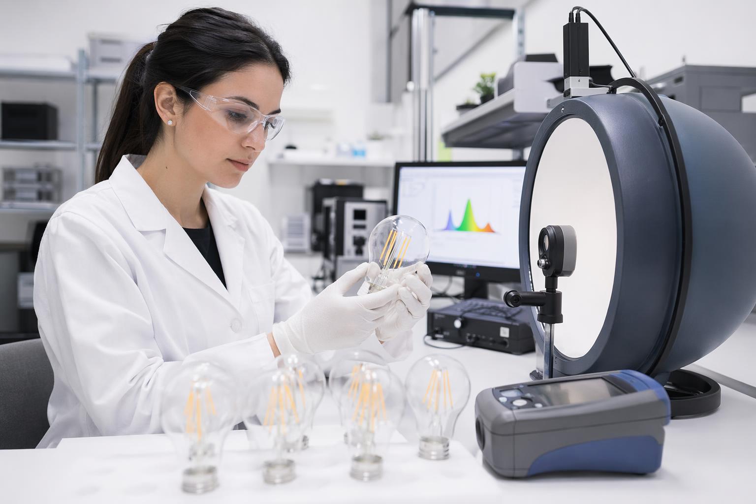 LED filament bulb quality control sample testing in professional laboratory with measurement instruments