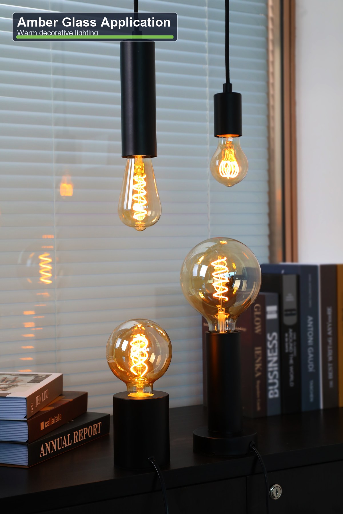 Amber glass LED filament bulb used in warm decorative lighting