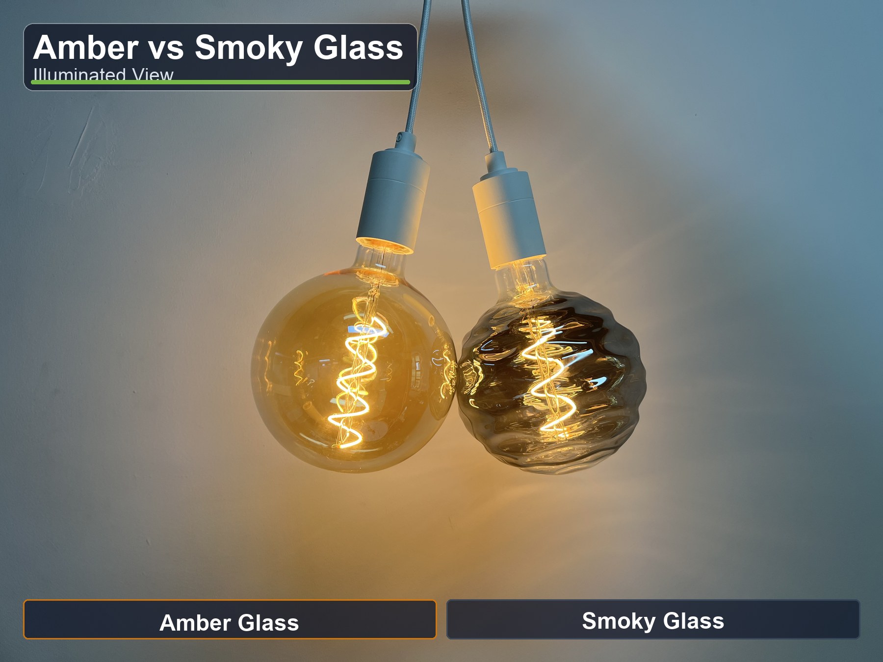 Amber and smoky glass LED bulbs compared in the same pendant fixture