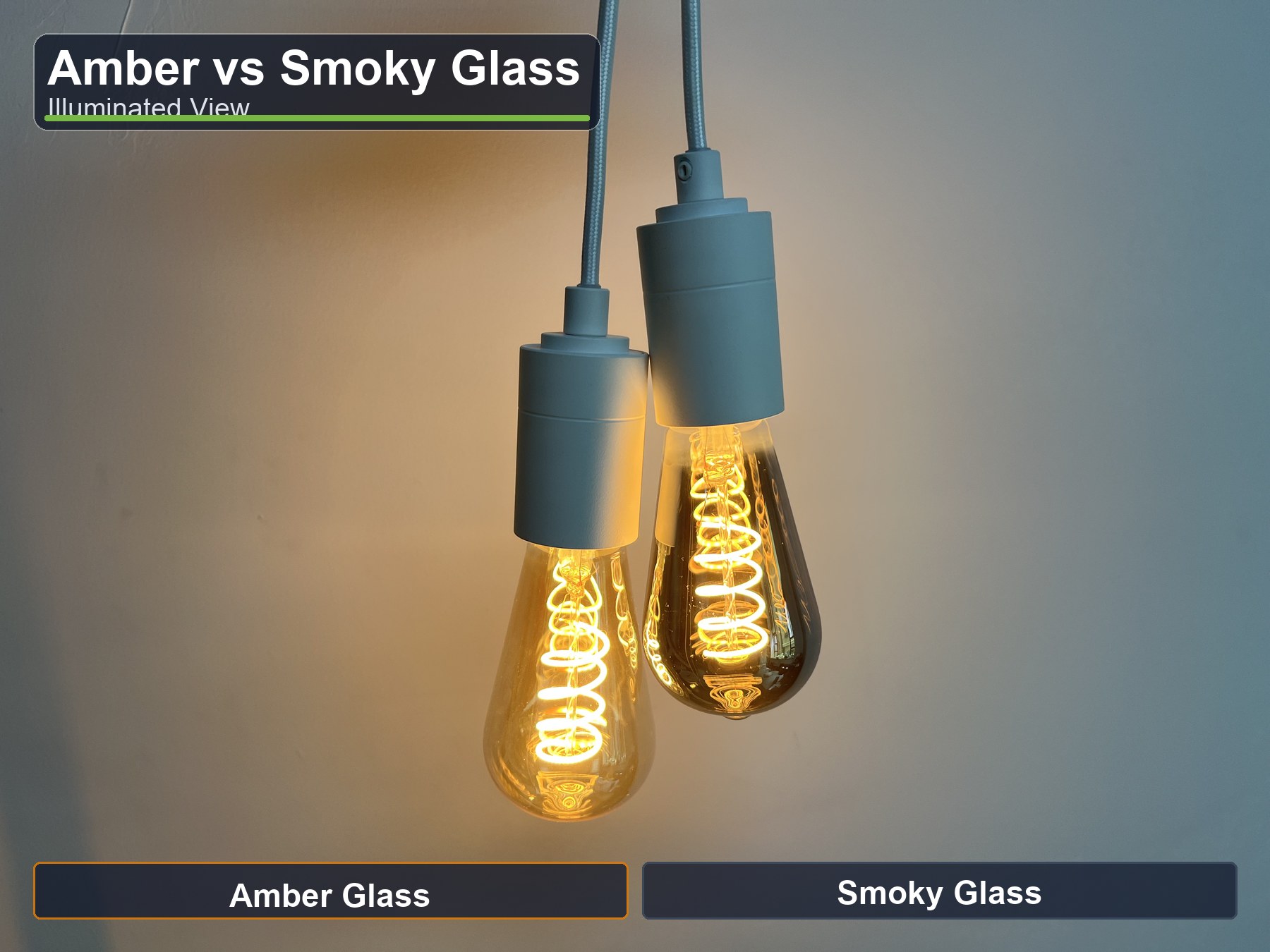 Amber and smoky glass LED filament bulbs compared when illuminated