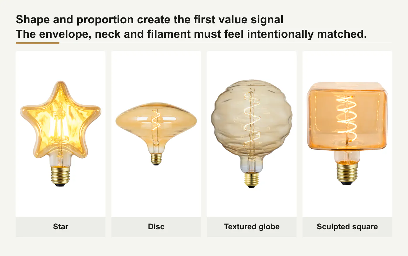 Star, disc, textured globe and sculpted square decorative LED bulb shapes compared
