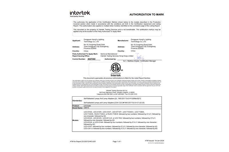 Real ETL certification document for LED bulb importer compliance