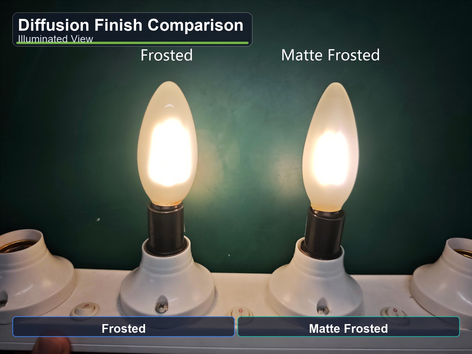 Inside frosted bulb compared with matte frosted bulb in illuminated view