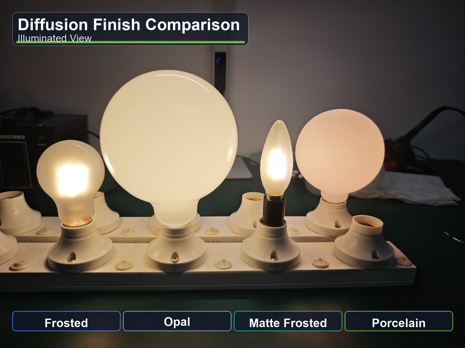 Inside frosted opal milk white matte frosted and porcelain LED bulb comparison