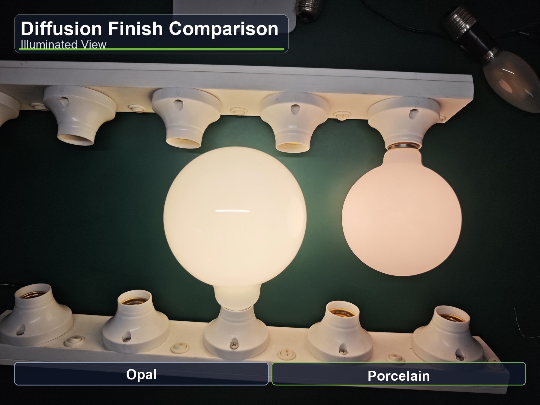 Glossy opal milk white LED bulb compared with matte porcelain LED bulb