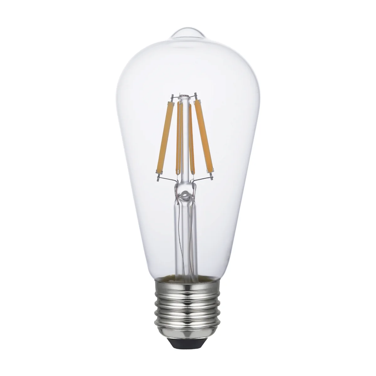 Real HongYu clear-glass ST64 LED filament bulb showing the transparent envelope and straight filament arrangement