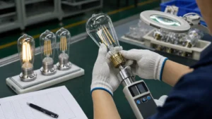 Factory technician checking the E27 base torque of a clear ST64 LED filament bulb