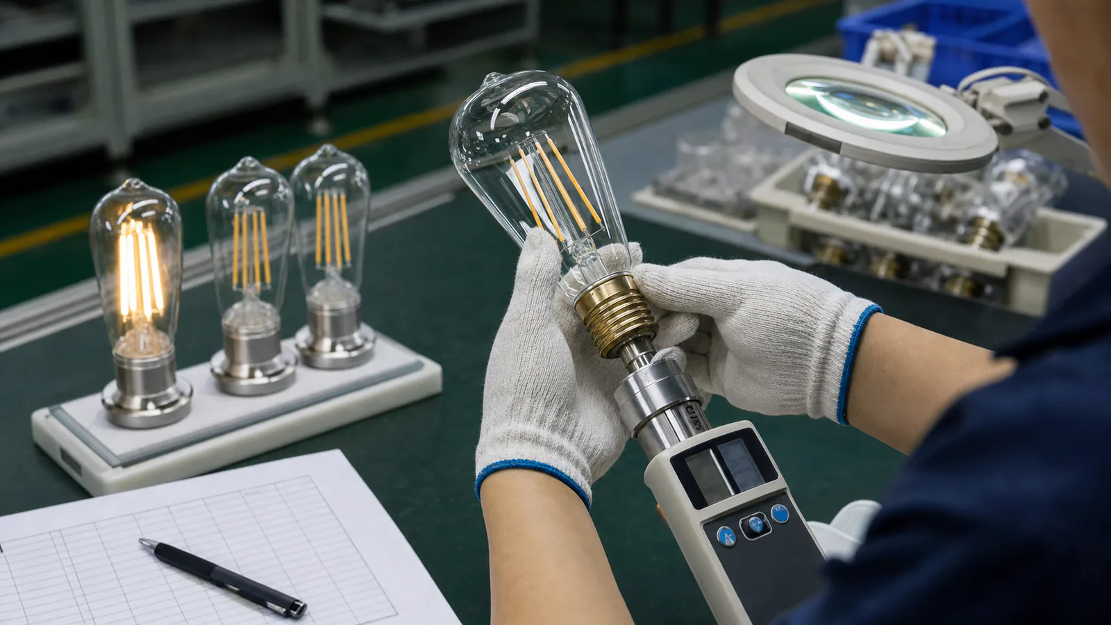 Factory technician checking the E27 base torque of a clear ST64 LED filament bulb