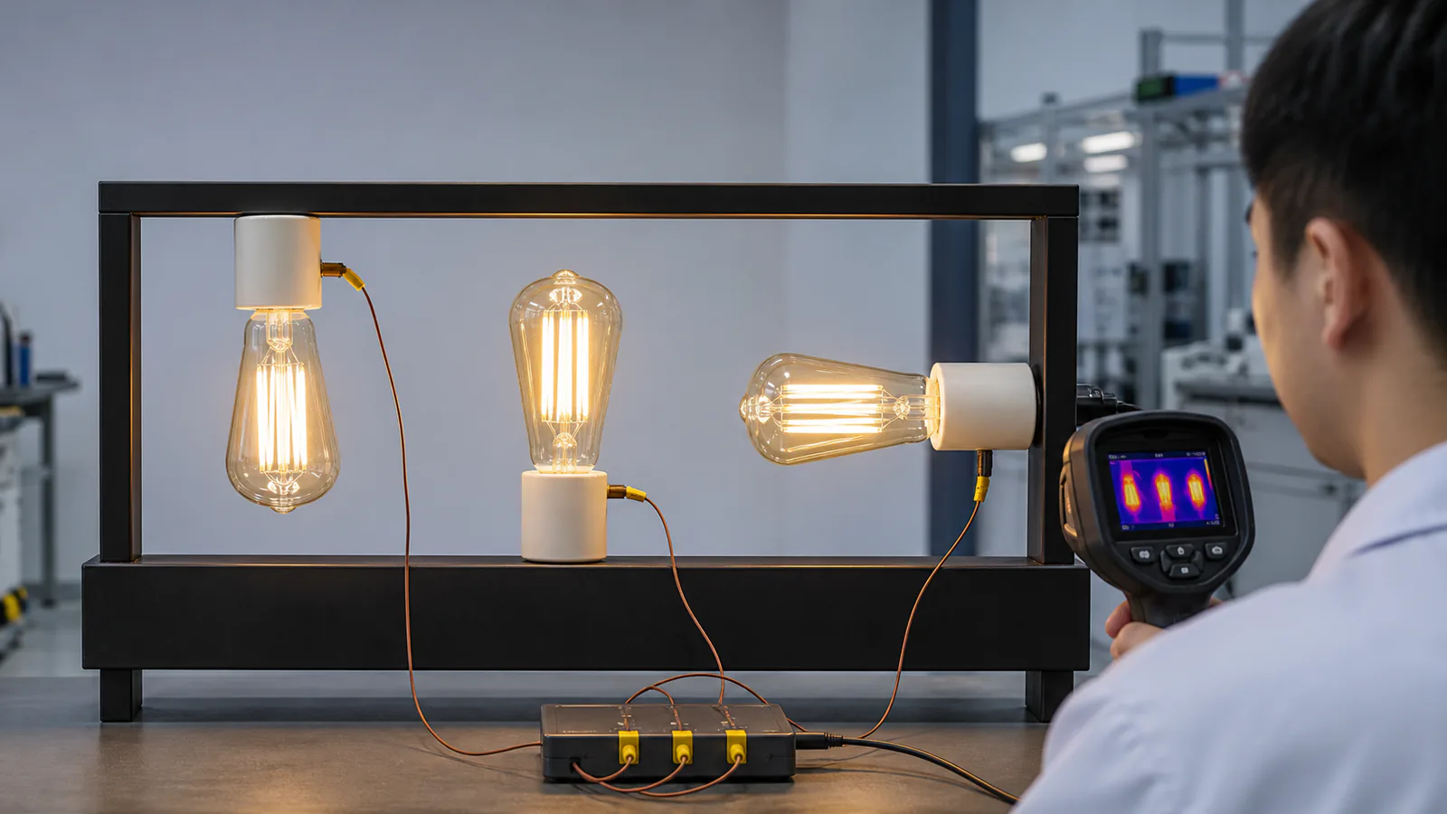 Factory thermal test comparing identical ST64 LED filament bulbs in base-up base-down and horizontal positions