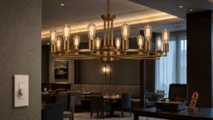 Twelve ST64 LED filament bulbs in a chandelier with a wall dimmer and electrical test equipment