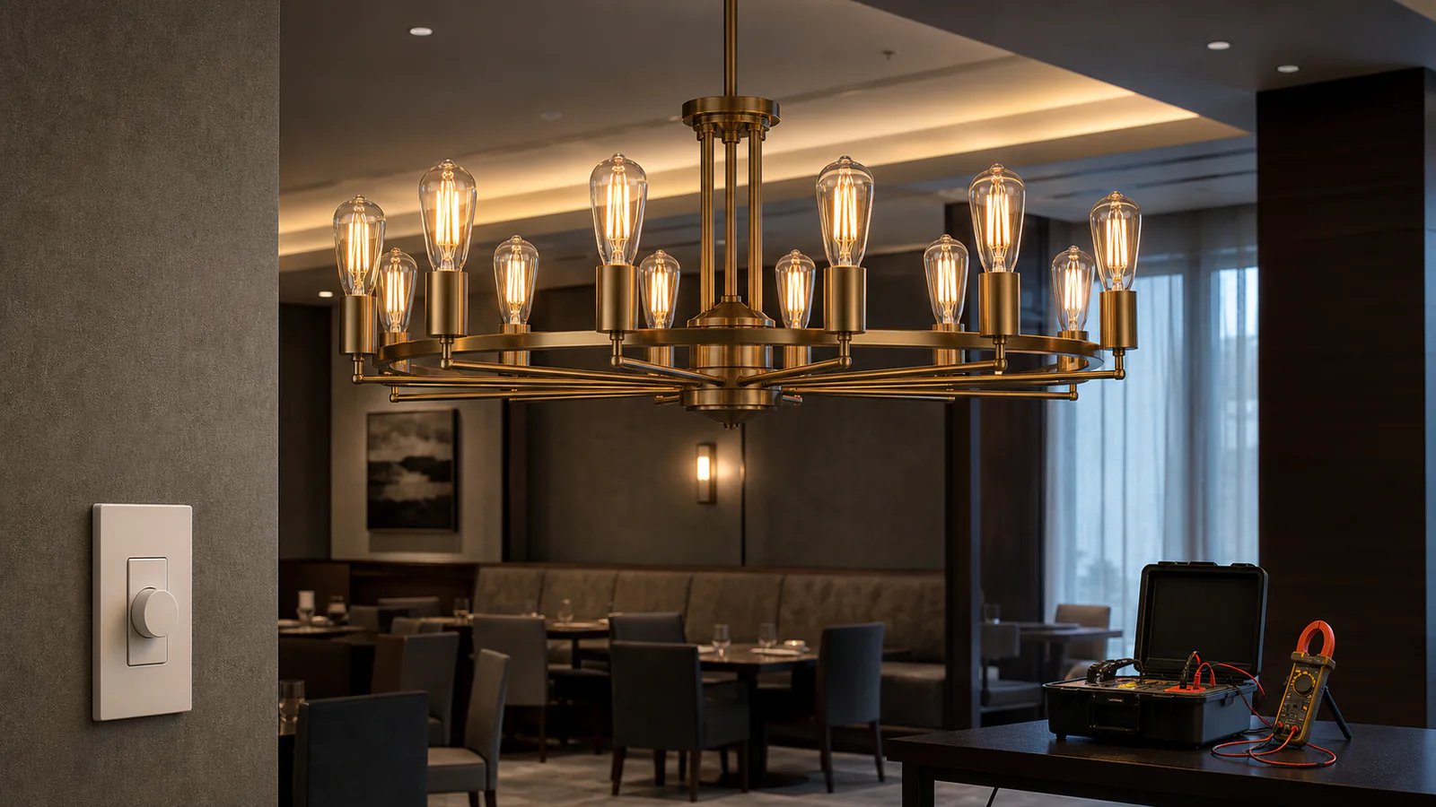 Twelve ST64 LED filament bulbs in a chandelier with a wall dimmer and electrical test equipment
