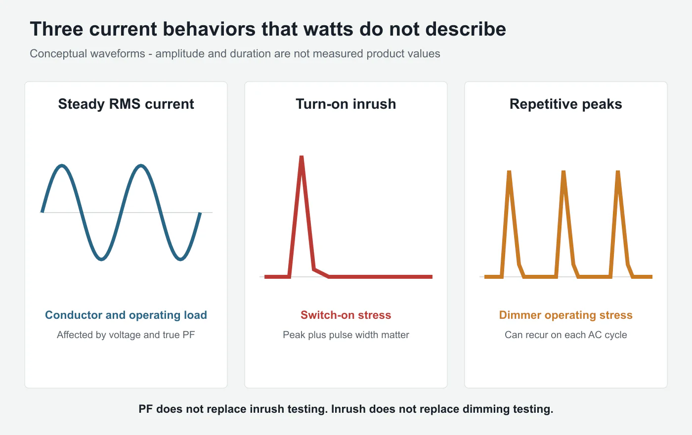 Conceptual comparison of steady RMS current turn-on inrush current and repetitive dimmer peak current