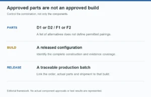 Approved LED bulb parts do not automatically form an approved build; release a defined configuration with evidence and batch identity