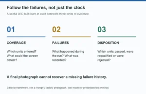 LED bulb burn-in audit connects test coverage, detected failures and documented final disposition