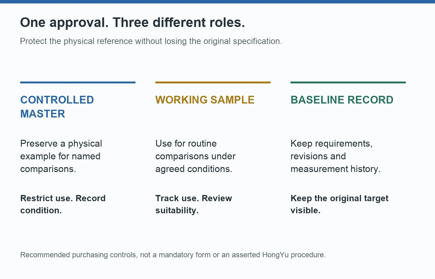 Three complementary approval references: controlled master sample, working comparison sample, and versioned specification with baseline measurements
