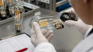 Editorial LED filament bulb marking inspection at a factory quality-control bench