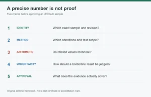 Five checks connecting an LED bulb test report to a defensible sample approval