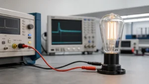 Conceptual laboratory setup with a lit clear LED filament bulb connected to surge immunity test equipment