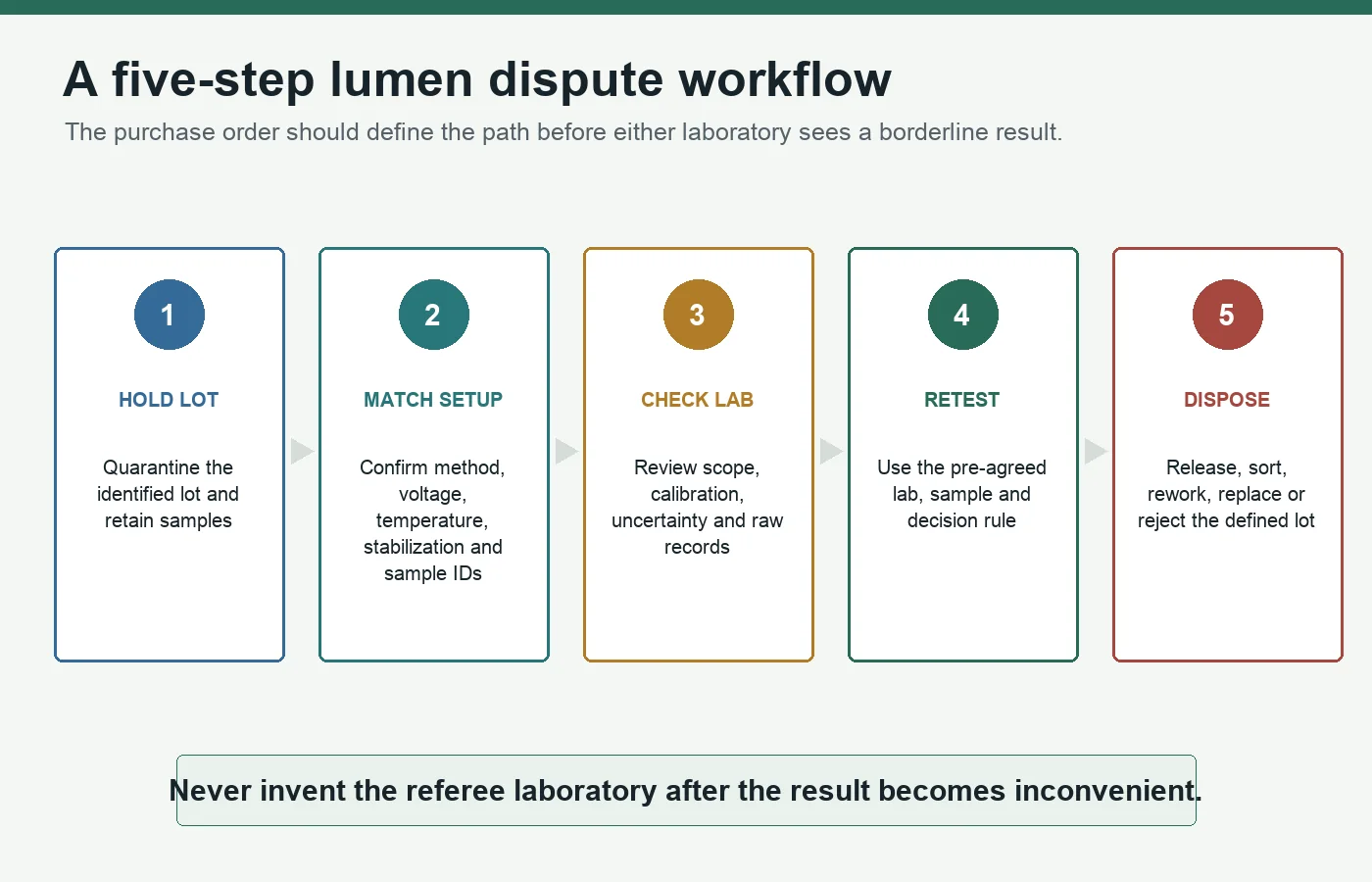 Five-step workflow for resolving an LED bulb lumen inspection dispute