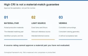 Retail color matching requires the material pair, the light source and the viewing conditions, not just a high CRI rating