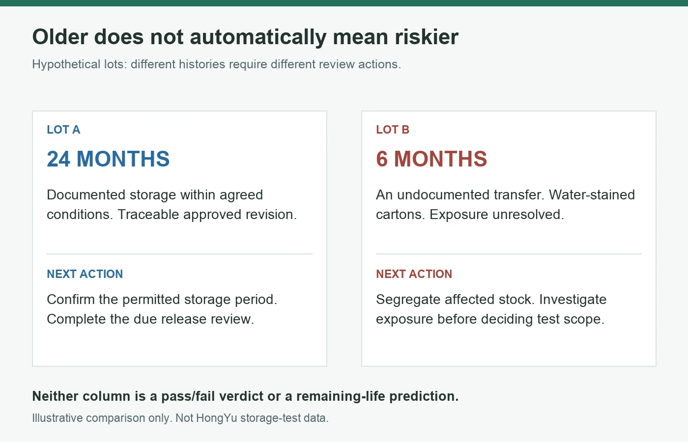 Illustrative comparison of a 24-month lot with documented storage and a 6-month lot with unresolved exposure, showing different review actions rather than a pass fail ranking