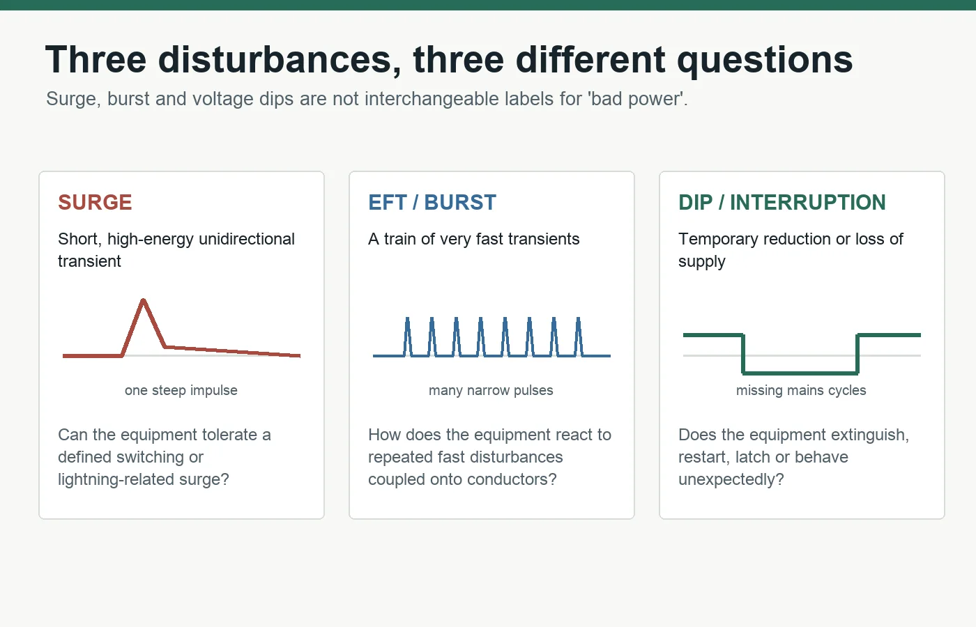 Conceptual waveform comparison of surge, electrical fast transient burst and voltage dip disturbances