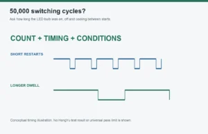 Conceptual comparison of short LED bulb restarts and longer dwell times for switching cycle specifications