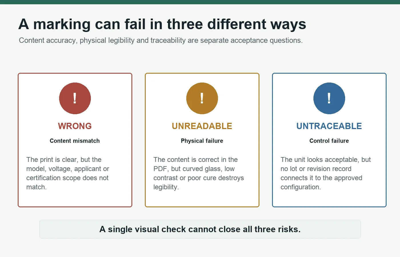 Three LED bulb marking failure modes: wrong content, unreadable physical marking and missing traceability