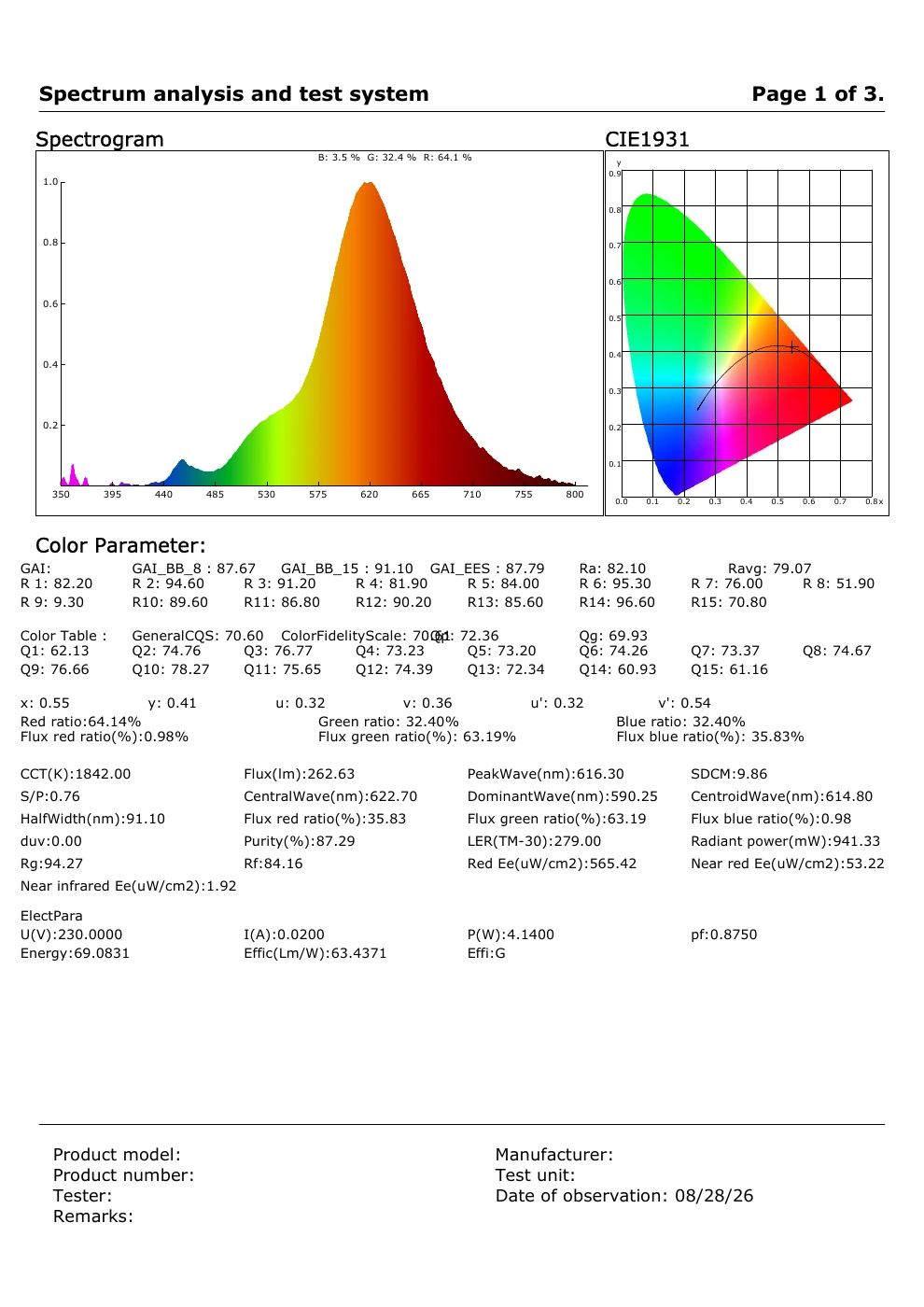 Page 1 of the original photometric test report, dated 28 August 2026