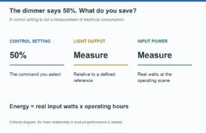 A 50 percent dimmer setting is not a measurement of light output or input power
