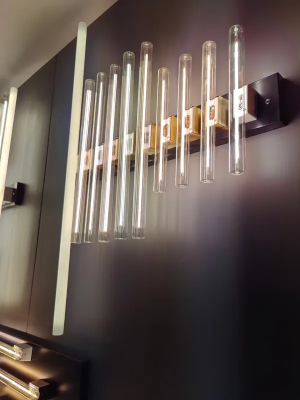 Clear S14d linear bulbs on a lighting display